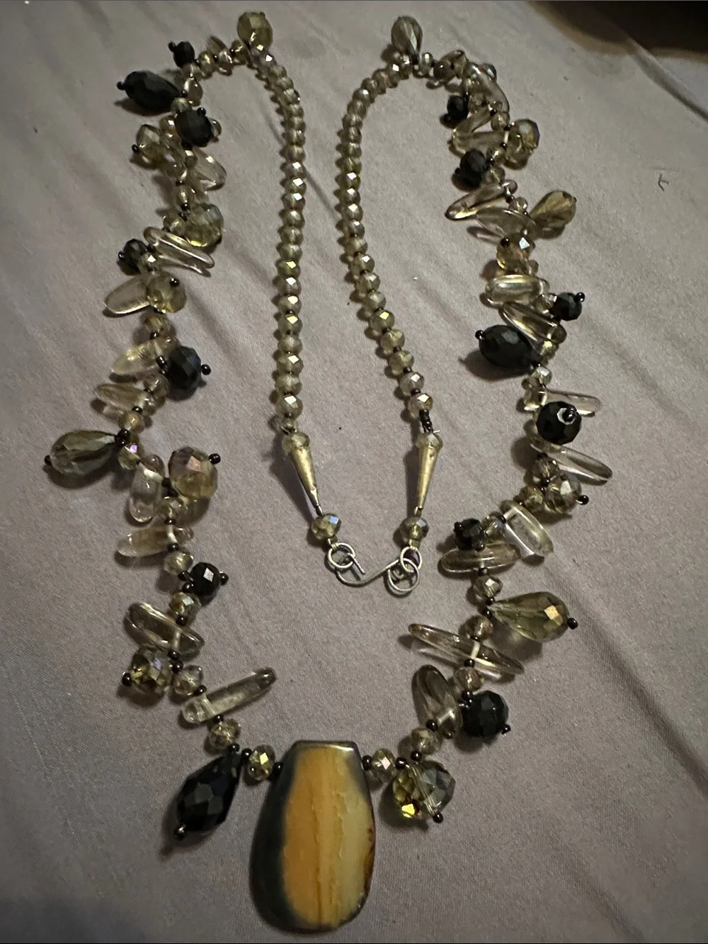 Beaded Agate Pendant Necklace in Smoky Brown and Gold